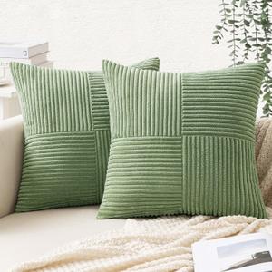 EMEMA Pack of 2 Sage Green Boho Decorative Corduroy Throw Pillow Covers 18x18 Inch Soft Pillow Covers Solid Pillowcases Cross Patchwork Textured Cushion Covers for Living Room Decor Couch Bed Sofa