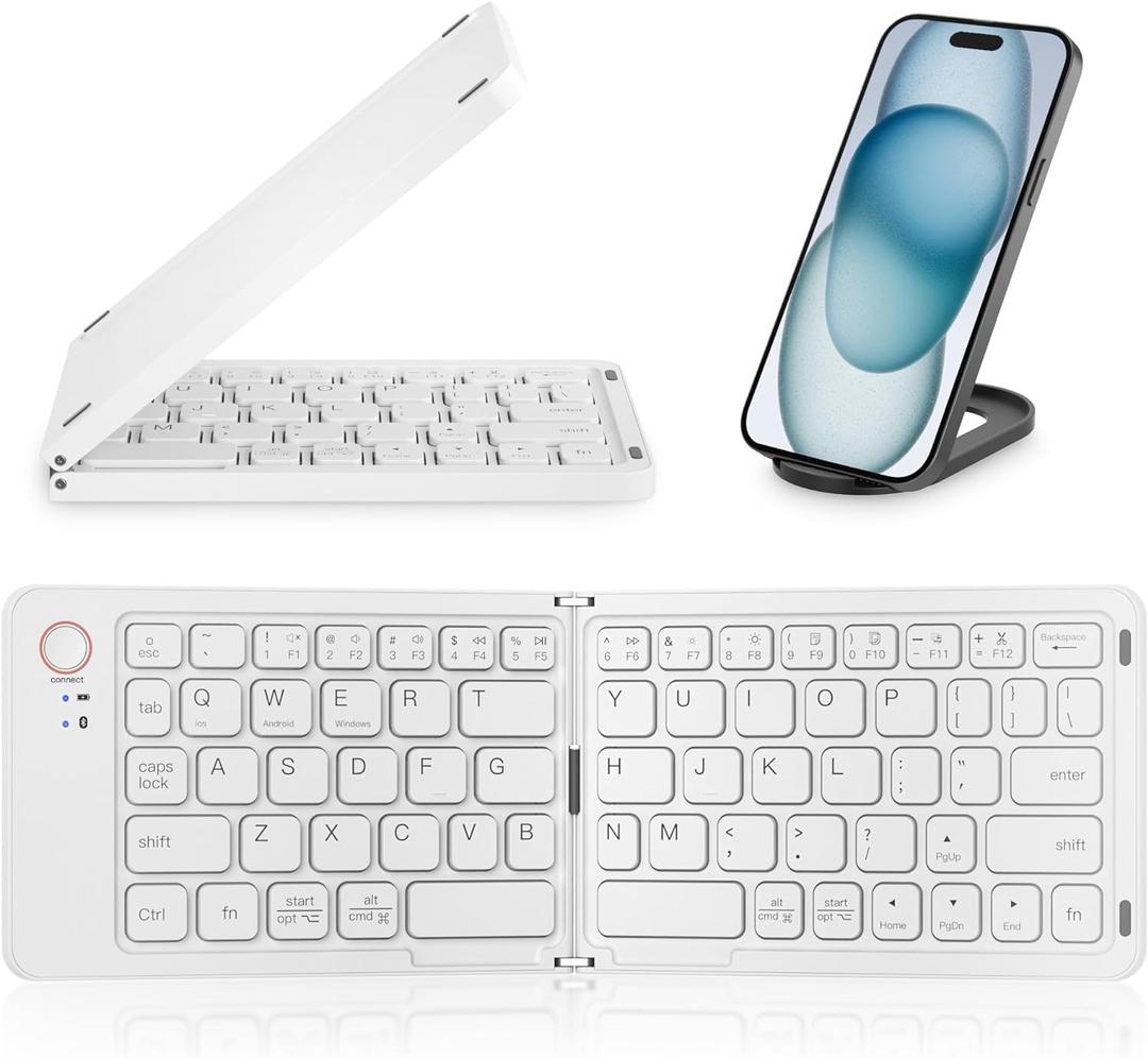 Mini Portable Foldable Bluetooth Keyboard - Wireless Full Size (Sync Up to 3 Devices), Ultra-Slim Travel Folding Keyboard for iPhone iPad Mac Android Windows iOS, White