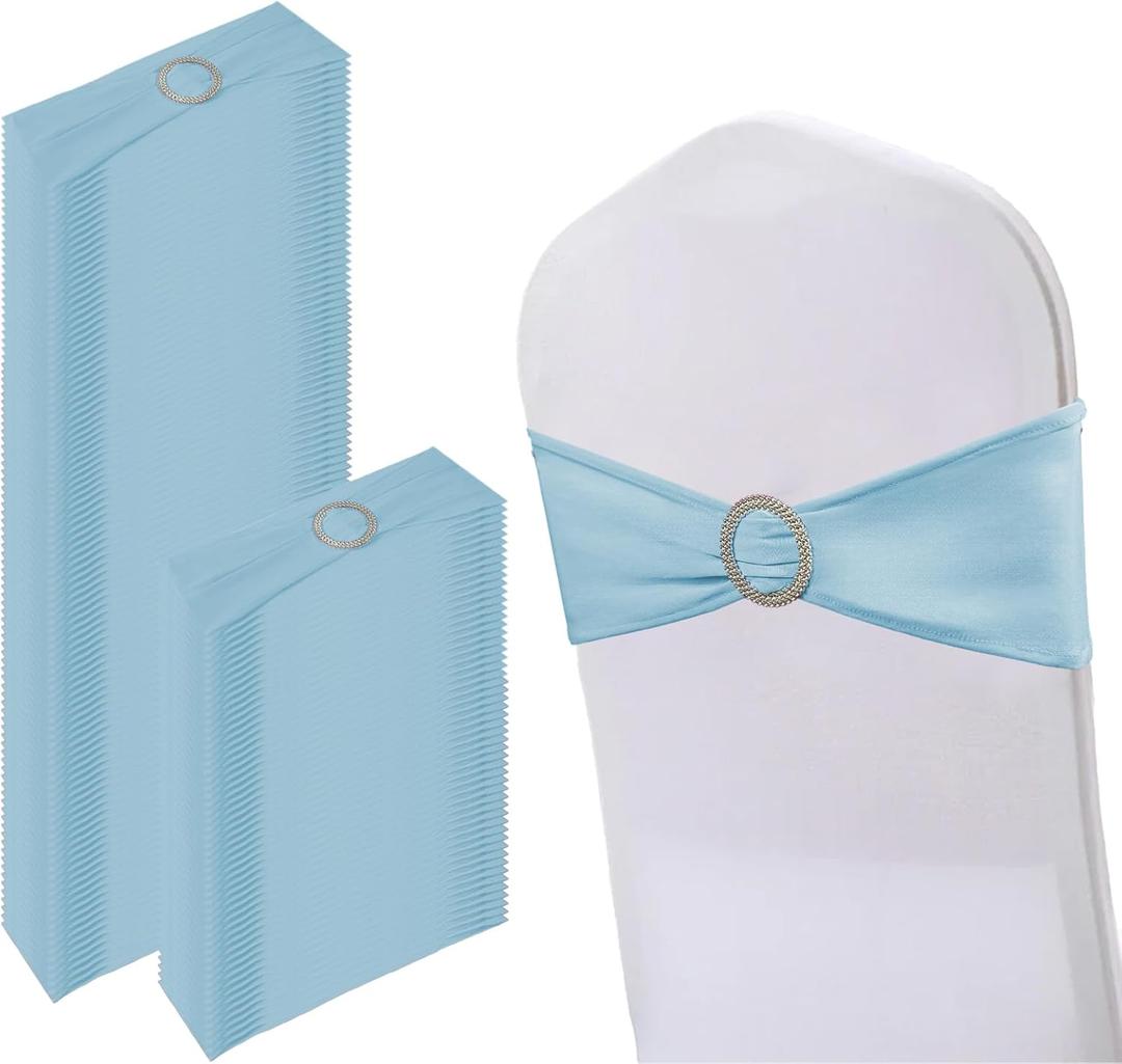 150 Pack Spandex Stretch Chair Sashes Bows, Elastic Stretch Chair Cover Bands Ties with Buckle Slider for Wedding Party Ceremony Reception Event Banquet Decoration (Sky Blue)