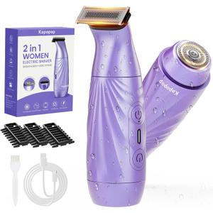 2-in-1 Bikini Trimmer for Women, Painless Electric Razor for Sensitive Skin, IPX7 Waterproof Cordless Shaver for Pubic, Underarm, Leg & Facial Hair, USB Rechargeable
