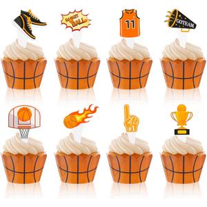 96 Pieces Basketball Cupcake Toppers Wrappers Sports Cupcake Toppers Basketball Cupcake Liners Muffin Case Trays for Sports Theme Baby Shower Birthday Wedding Party Cake Decorations