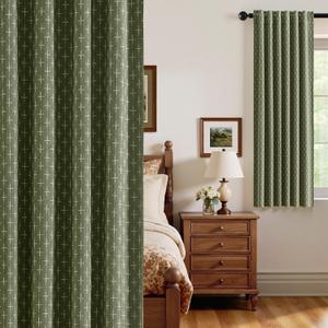 MIULEE 100% Blackout Decorative Linen Curtains with Geometric Pattern, Thick Woven Farmhouse Rustic Patterned Drapes with Back Tab for Bedroom and Living Room, Olive Green, 52 x 63 Inches, 2 Panels