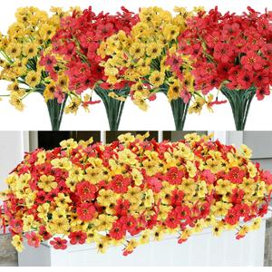 Geegoods Artificial Mums Flowers for Outdoors, 16 Bundles UV Resistant Fake Plastic Red and Yellow Flowers for Patio Porch Spring Summer Decor