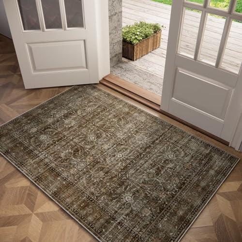 Washable 3x5 Entryway Rug, Boho Non-Slip Vintage Distress Small Rugs for Kitchen Nursery Office Bedroom, 0.3" Neutral Oriental Throw Thin Carpet with Cushioning Pad, Rust/Multi