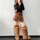 Tall Furry Faux Fur Boots for Women,Winter Snow Fluffy Long Boots for Girls,Knee-High Flat (Brown)