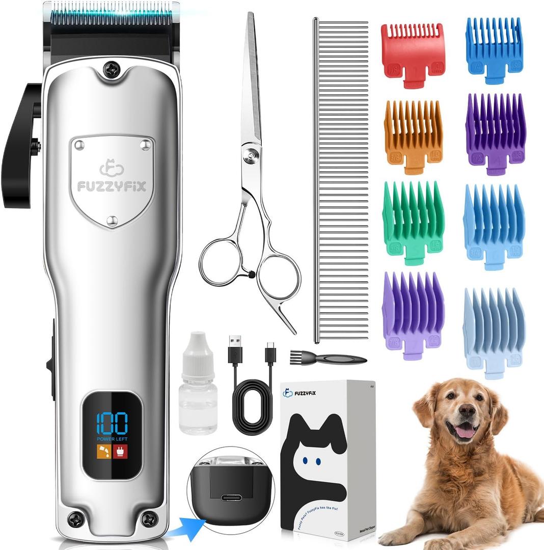 Dog Clippers for Grooming for Thick Heavy Coats, Professional Pet Grooming Clippers Supplies Kit Low Noise Rechargeable Stainless Steel Hair Trimmer with Ceramic Blade for Dogs Cats Animals (Silver)