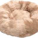 Faux Fur Dog Beds Calming Donut Cuddler Dog Bed Washable Round Cat Bed Pillow Cuddler Fluffy Indoor Dog Calming Beds with Anti Slip Bottom Gradient Color Brown 24"