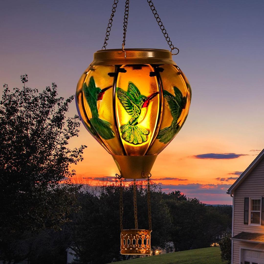 Hot Air Balloon Solar Lantern with Flickering Flame Light Outdoor Solar Hanging Lights Waterproof for Garden Yard Farmhouse Patio Pathway Outside Decoration,Glass(Hummingbird)