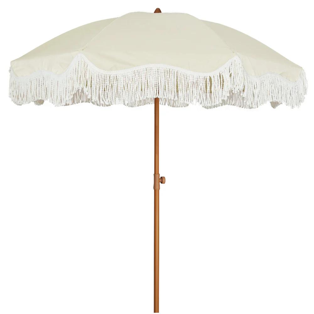 AMMSUN 6.5ft Boho Fringe Umbrella, Light Beige