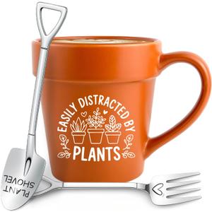 Easily Distracted By Plants Mug, Funny Gardening Gift with Shovel Spoon & Fork, Plant Lover Coffee Cup for Women, Mom, Grandma, Unique Teacher Appreciation and Birthday Gift