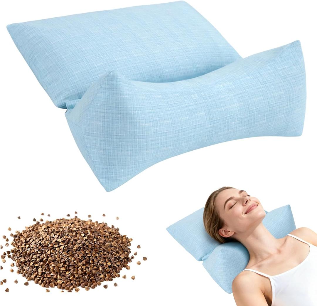vocheer 3-in-1 Detachable Buckwheat Hull Pillow, Adjustable Neck Pillows for Pain Relief, Ergonomic Cervical Support Pillow, Multifunctional Pillows for Back and Side Sleepers in Bed Or at the Office, Blue