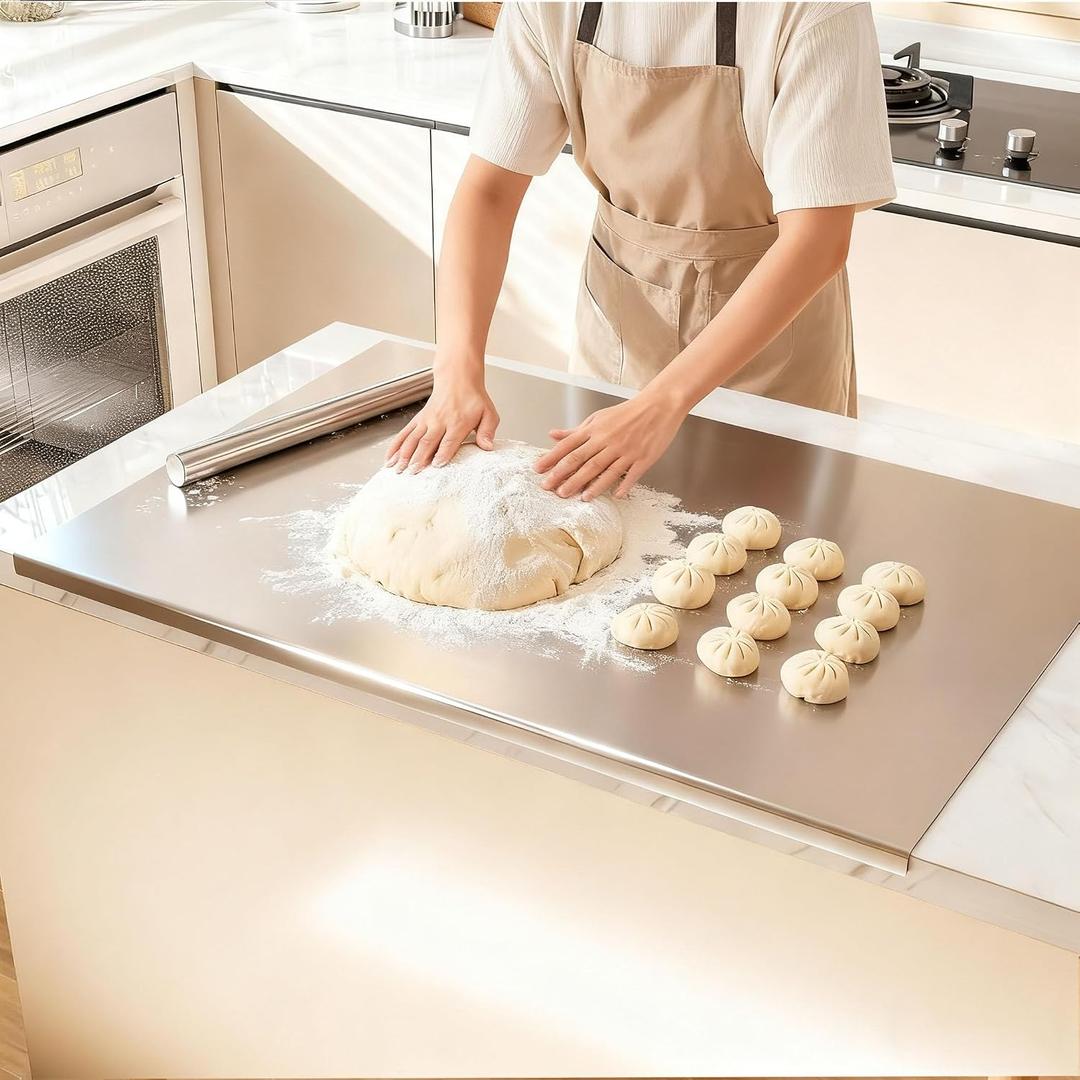 Tonchean Extra Large 304 Stainless Steel Chopping Board with Lip, 35.4”x 22.8”Steel Cutting Board with Rolling Pin, Metal Noodle Board Pastry Board Kneading Dough Board for Kitchen Restaurant