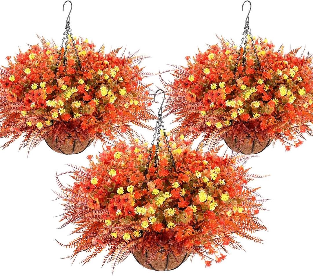 3 Set Small Artificial Fake Fall Hanging Flowers Plants Basket Outdoors Faux Hanging Baskets with Fall Flowers UV Resistant for Outside Yard Patio Garden Balcony Patio Porch Autumn Decor