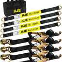 KJE Heavy Duty Car Trailer Tie Down Straps 4 Pack Kit - 2" x 8' Ratchet Straps + J-Hooks with Clip, 2" x 36'' Axle Straps - 10,000lbs Break Strength - Use for Car, Truck, UTV Transport