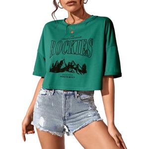SweatyRocks Women's Letter Graphic Print Streetwear Tops Summer Half Sleeve Crop Loose Casual Tee Shirts (Medium, Green)