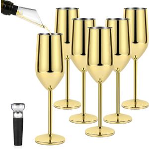 Lifecapido 6 Pack Stainless Steel Champagne Glasses, 8oz Elegant Stainless Steel Champagne Flutes, Stemmed Unbreakable Champagne Glasses for Party Wedding Christmas Anniversary, Gold