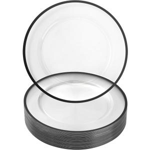 Goodluck 12 Inch Charger Plates, 25 Pack Clear Charger Plates with Black Trim, Plastic Charger Plate Bulk for Dinner, Wedding, Party, Event Decoration, Clear&Black