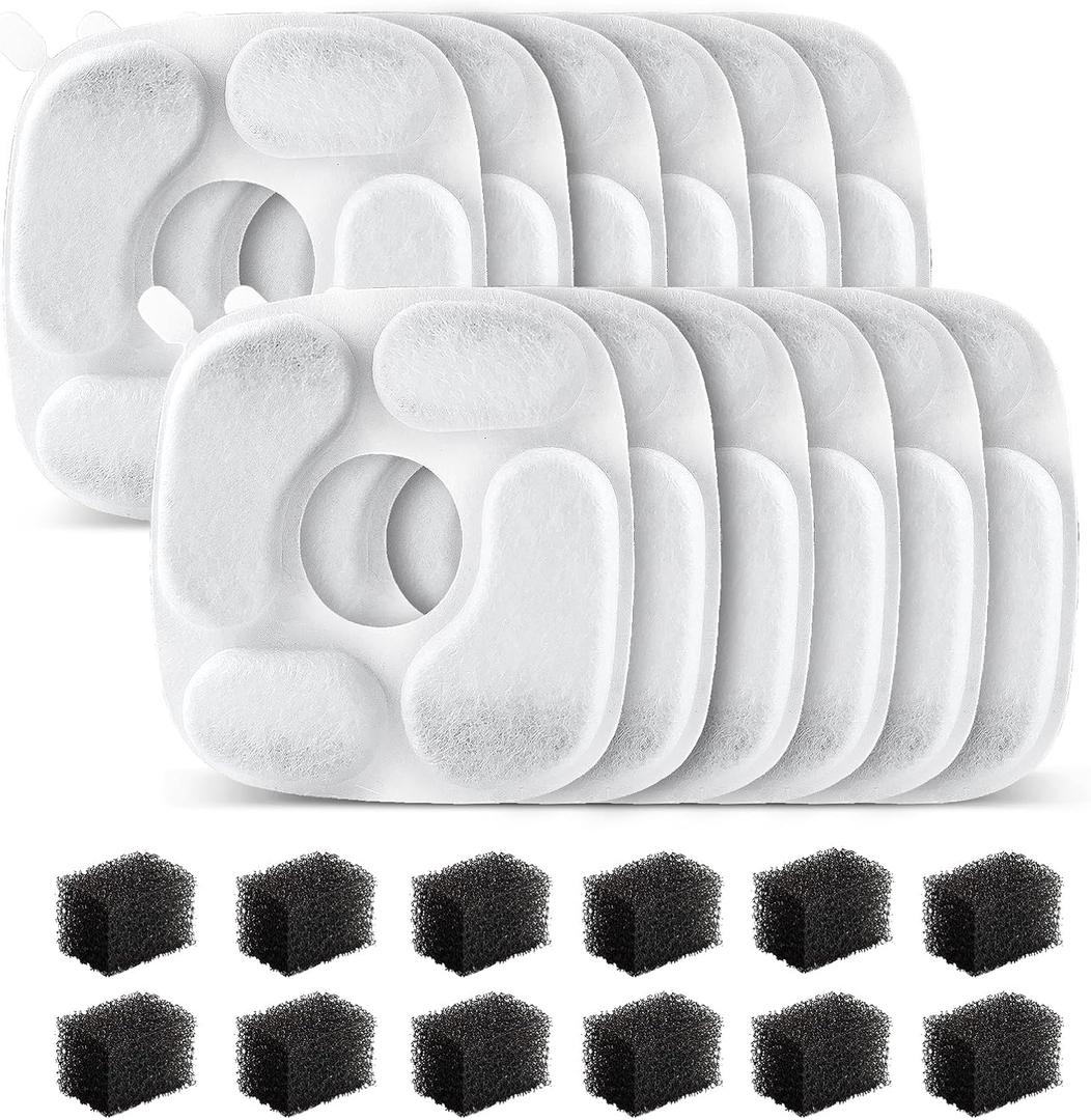 24 Pcs Cat Fountain Replacement Filters 12 Pack Cat Water Fountain Replacement Filters with 12 Pack PreFilter Sponges, Pet Fountain Filter Fit for 95oz/2.8L Automatic Pet Fountain Cat Water Fountain