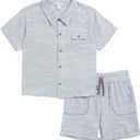 Splendid boys Boardwalk Linen Short Sleeve Button Down Shirt and Shorts 2-Piece Set, Light Sage Stripe Size 2