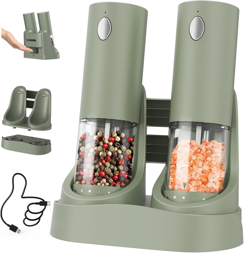 CIRCLE JOY Electric Salt and Pepper Grinder Set Automatic Salt and Pepper Grinder Set with Easy-to-Carry Charging Base and LED Light, USB Rechargeable, Upgrade External Adjustable Coarseness, Green
