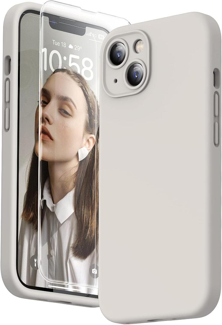 HATOSHI 13 Case with 2 Protective Glass, Liquid Silicone, Non-Slip, Scratch-Resistant, Shockproof Mobile Phone Case, 13 Protective Case, Stone Grey