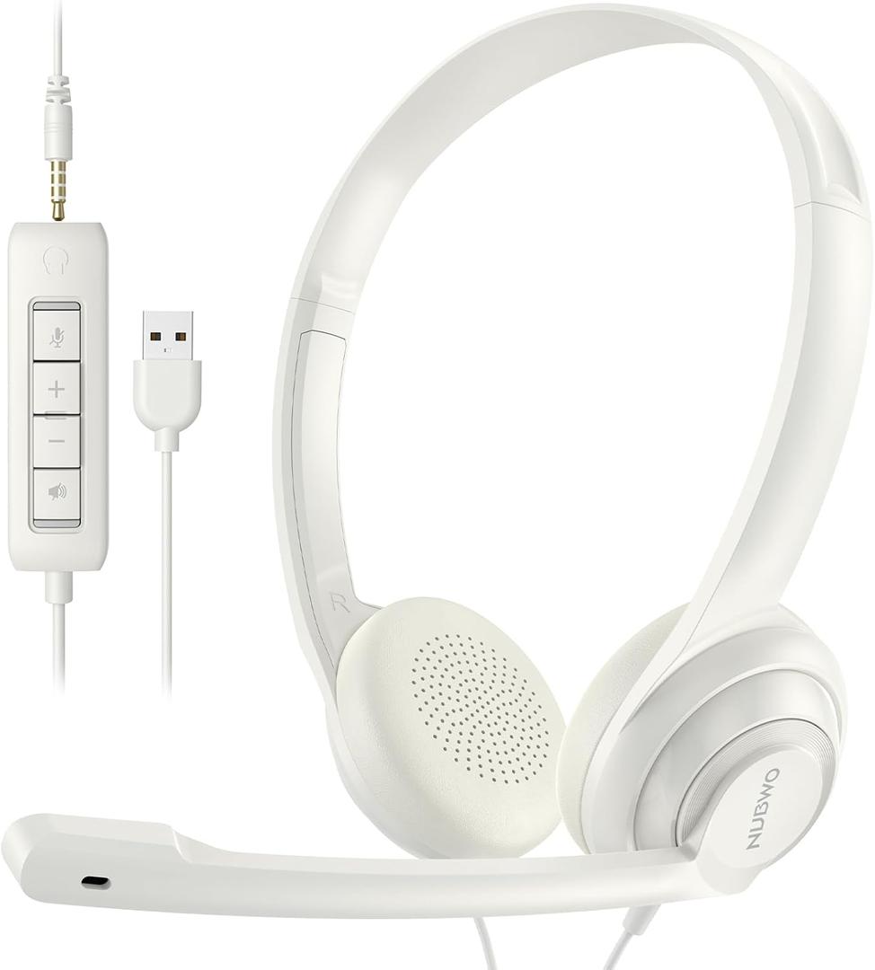 NUBWO HW02 USB Computer Headset with Clear Chat Microphone, Lightweight On-Ear Wired Headset for MS Teams, Skype, Webinars, Call Center and More -White