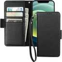 Bocasal Wallet Case for iPhone 12/12 Pro, Genuine Leather Support Wireless Charging RFID Blocking Flip Case Card Slots Holder, Kickstand Book Folding Folio Cover with Wrist Strap 6.1 Inch (Black)