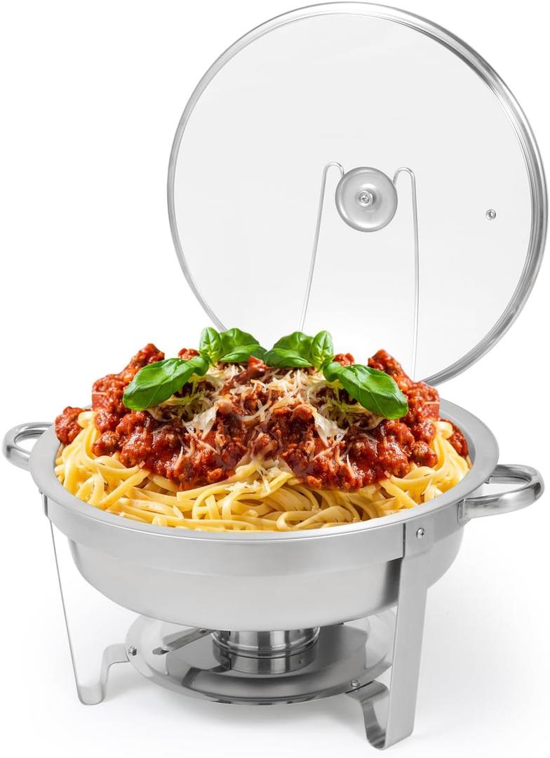 Restlrious Chafing Dish Buffet Set 7.5 QT, Stainless Steel Round Chafers and Buffet Warmers Set w/Glass Viewing Lid and Lid Holder, Food Warmer for Catering, Party, Wedding, Banquet, Events, 1 Pack