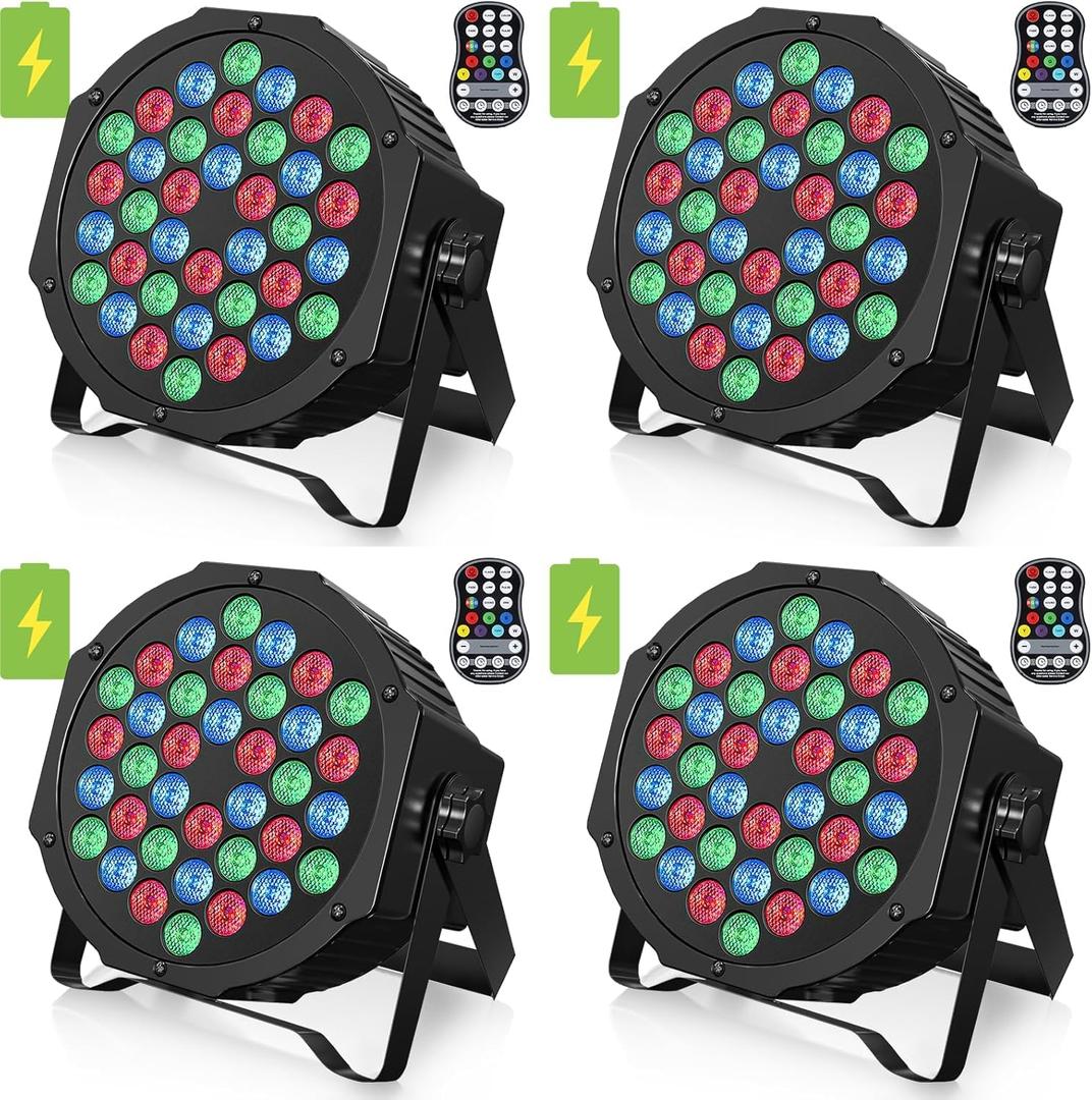 HOLDLAMP Rechargeable Par Lights 36W RGB Battery Powered, Wireless LED Par Lights DJ Uplights Sound Activated& Remote Control for Wedding Events Club Party Church Stage Lighting, 4 Pack