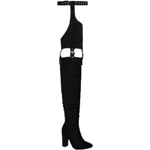 HiColor Women's Belted Pointed Toe high Boots Striking Buckle Strap Fashion thick Heel Thigh high Boot (10, Black)
