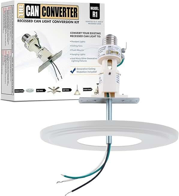 The Can Converter R1 Recessed Can Light Conversion Kit w/ 8¼" Steel Beveled Ceiling Medallion - Home Improvement for 4", 5" & 6" Cans, Fan & Light Fixture Converter Kit, UL Certified, White