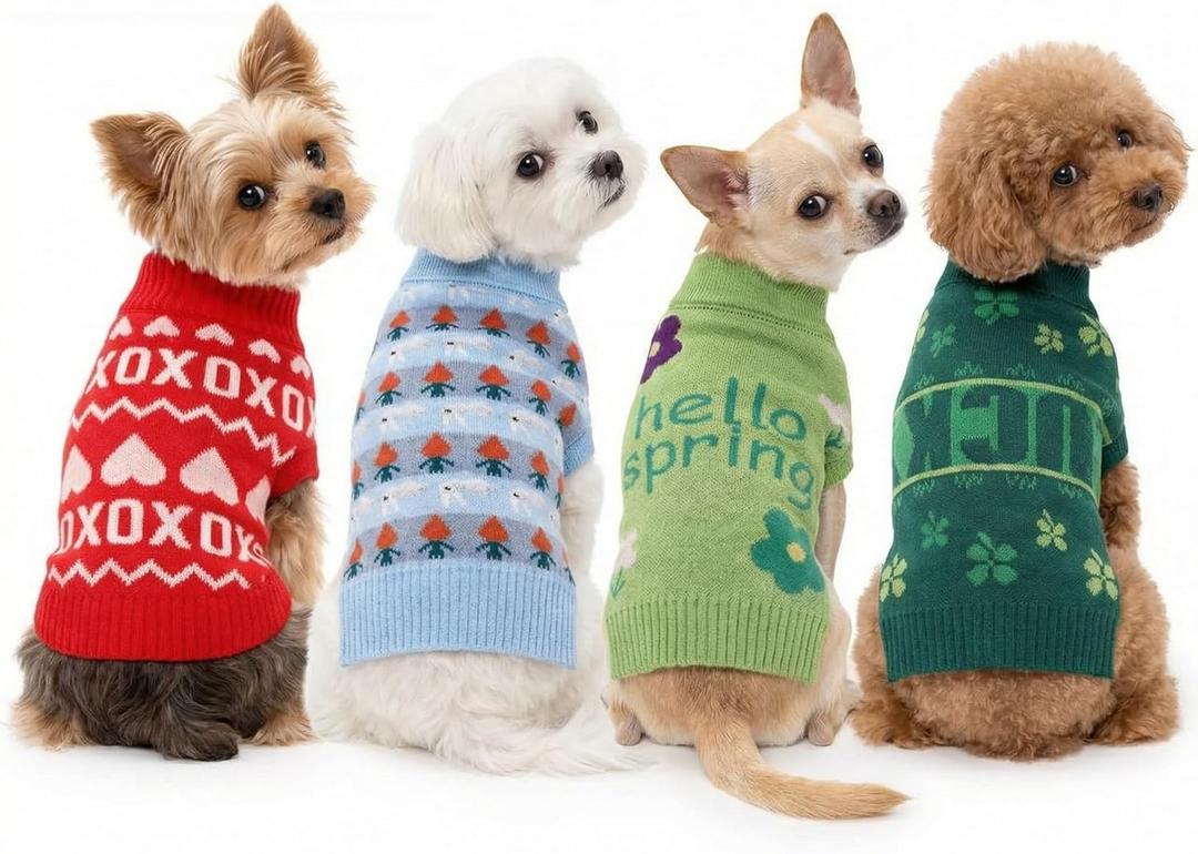 4 Pack Easter Dog Sweater Dog Spring Outfit Small Cat Knit Sweaters, Seasonal Pet Clothes for Easter, Spring(Large)