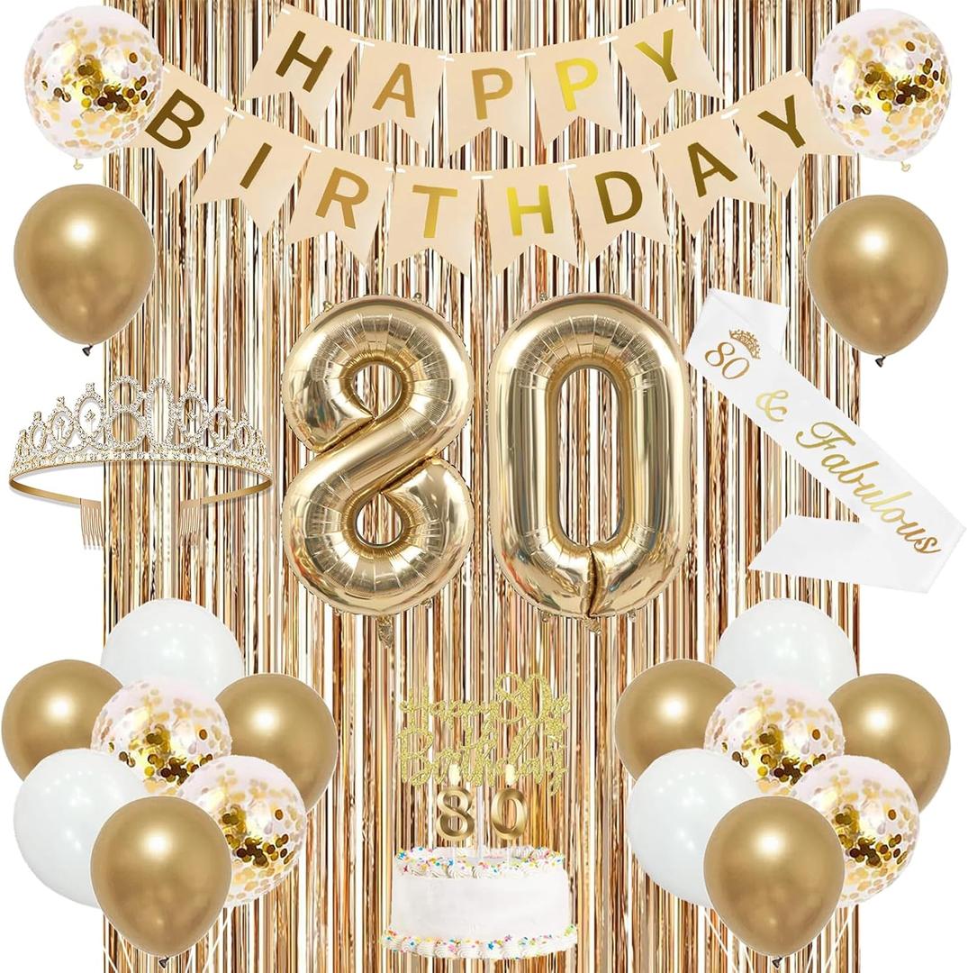 Trgowaul 80th Birthday Decorations for Women, Banner, Sash and Crown, Cake Topper, 80 Number Balloon, Fringe Curtains, Champagne Gold 80th Birthday Party Supplies