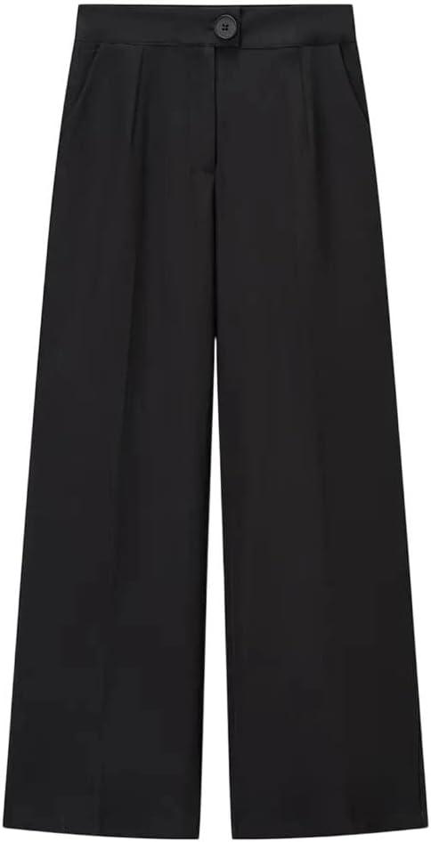 Woman's Commuting Suit Lapel Button-Down Long Sleeve Solid Slim Jacket High Waist Straight Pants Set (Black, Small)