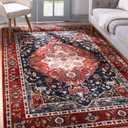 YJ.GWL Area Rug for Living Room, 3x5 Machine Washable Boho Rug for Bedroom, Low Pile Lightweight Thin Rugs Floral Vintage Distress Print Pattern Carpet for Dining Room Kitchen, Red