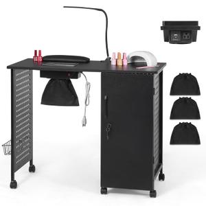 Nail Desk for Nail Tech Manicure Table with Dust Collector Charging Station, Nail Tech Table with 4 Storage Drawers, LED Lamp, Lockable Wheels, Nail Station for Home & Spa Salon, Black
