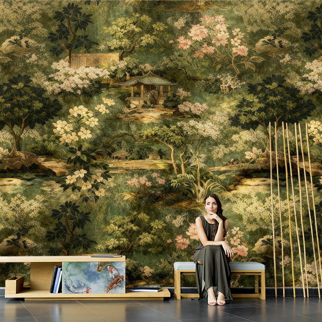 Vintage Chinoiserie Garden Peel and Stick Wall Mural, Canvas Wallpaper, 160" x 110"