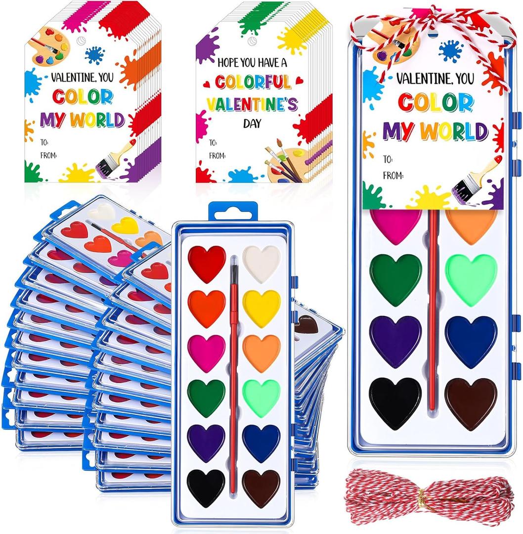 Sabary 36 Pack Valentines Day Watercolor Paint Sets Gifts Washable Watercolor Paintings with Card and 20 Meters Red Rope for Art Gifts Exchange Bulk