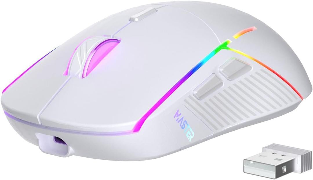 FFJ Wireless Gaming Mouse, 24000 DPI, Tri-Mode 2.4G/USB-C/Bluetooth 5.3 Gaming Mouse Wireless, RGB Programmable Mouse Gamer, 75Hrs Battery Life, Rechargeable Gaming Mice for PC, Mac, PS5, Xbox - White