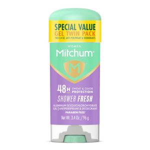 Mitchum Womens Antiperspirant Deodorant Gel Stick, Shower Fresh Scent, 48HR Sweat & Odor Protection, Triple Odor Defense, No-Free, 3.4 oz (Pack of 2)