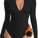 MANGOPOP Long Sleeve Body Suit Mock Turtle Neck Zip Up Bodysuit for Women Ribbed Deep V Sexy Bodysuit Shirts (Large, D-fleece Lined Black)