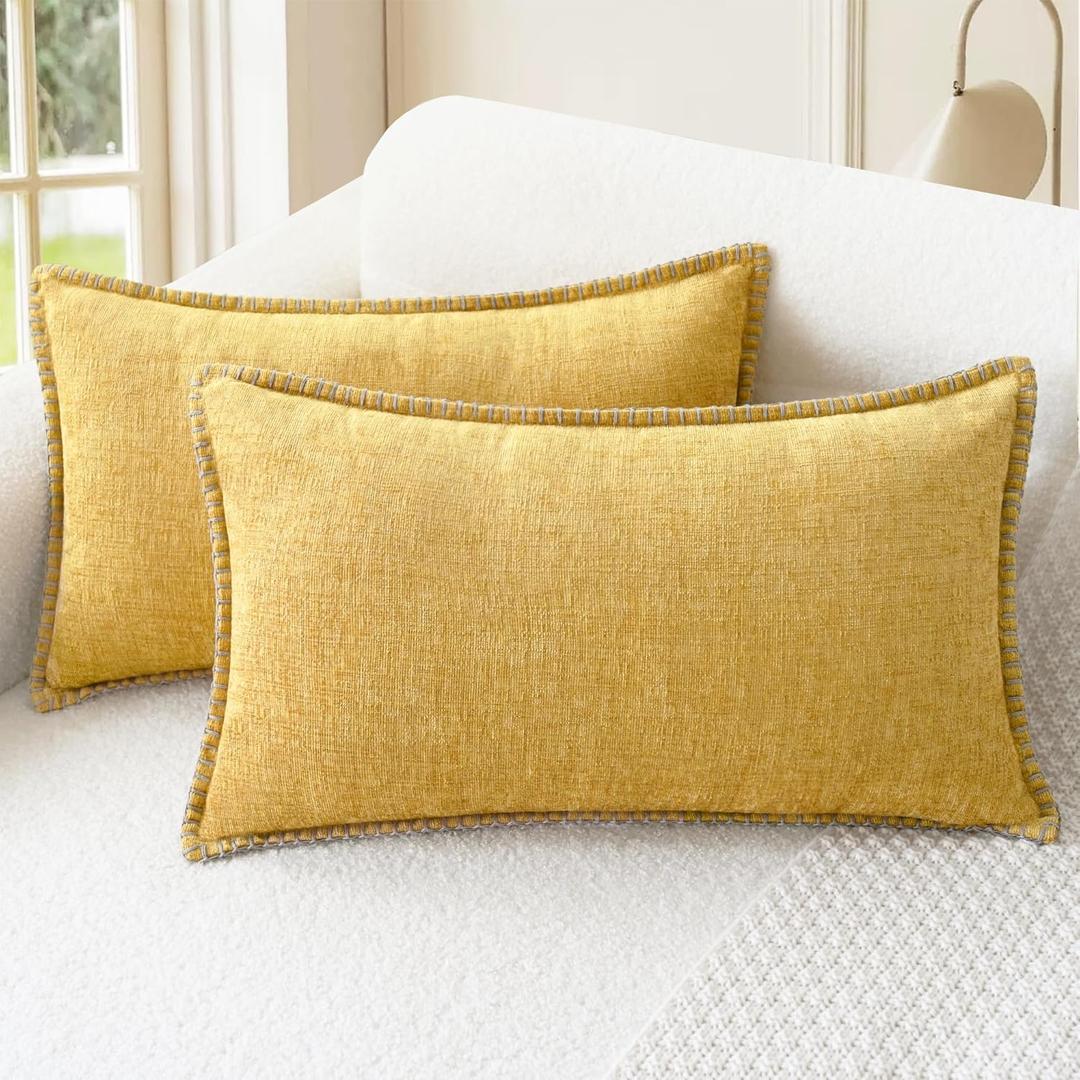 CaliTime Throw Pillow Covers Decorative 12 X 20 Inches Pack of 2 Cotton Thread Stitching Edges Solid Dyed Soft Chenille Cushion Cases for Couch Sofa Bed Living Room Farmhouse Gold