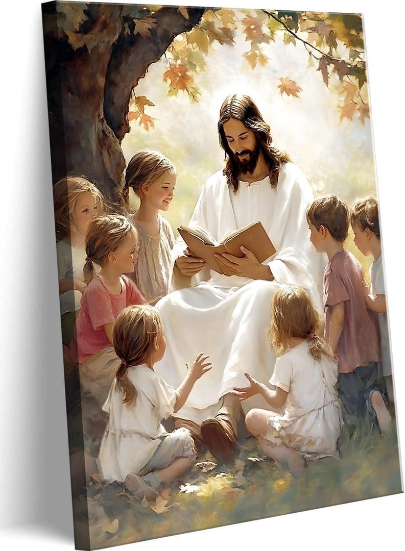 Jesus With Children Canvas Wall Art Jesus Teaching Children Wall Decor Pictures God Poster Print for Living Room Bedroom Church Decorations, 12X16in