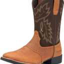 Rollda Leather Cowboy Boots for Men Western Boots Square Toe Chunky Heel Mid-Calf Boots Classic Embroidered with Pull On Tabs (12, Brown)