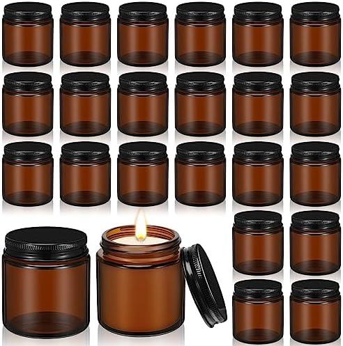 Zhehao 24 Pcs Glass Candle Jars with Lids Bulk, Round Empty Candle Container Tins, Dishwasher Safe and Leakproof DIY Crafts(Amber,Black,4 oz)