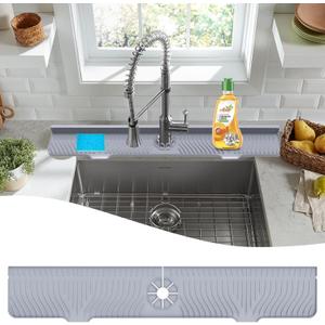 LVJING 33 inch Sink Splash Guard Mat, Sink Faucet Drying Mat, Silicone Faucet Handle Drip Catcher Tray, Longer Silicone Sink Mat for KitchenBathroom, Drip Protector Splash Countertop (Grey) (Gray)