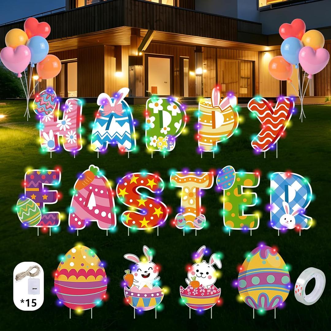 15 PCS Easter Yard Outdoor Decorations with Led Light, PP Safe Material Waterproof Outdoor Lawn Signs with Stakes for Party Supplies Garden Spring Home Decor