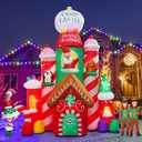 [Flash Light] 10FT Tall Christmas Inflatable Outdoor Decoration Candy Castle with Santa Gingerbread and Penguin, Christmas Blow Up Candy Castle Inflatables for Xmas Outdoor Decorations
