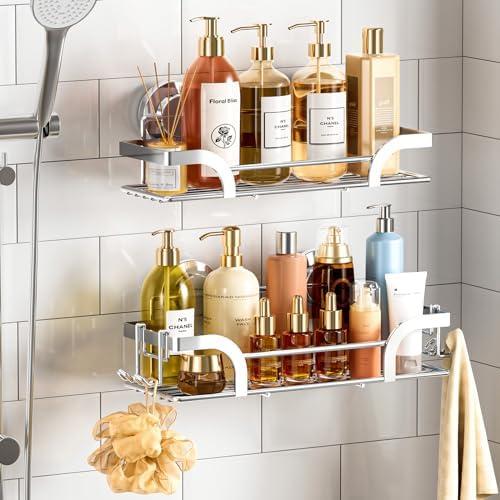 TAILI Shower Caddy Suction Cup 2 Pack, Heavy Duty Bathroom Organizer, No Drilling Bath Shelves for Inside, Stainless Steel Shower Holder Organizer for Bathroom Storage & Home Decor, Silver