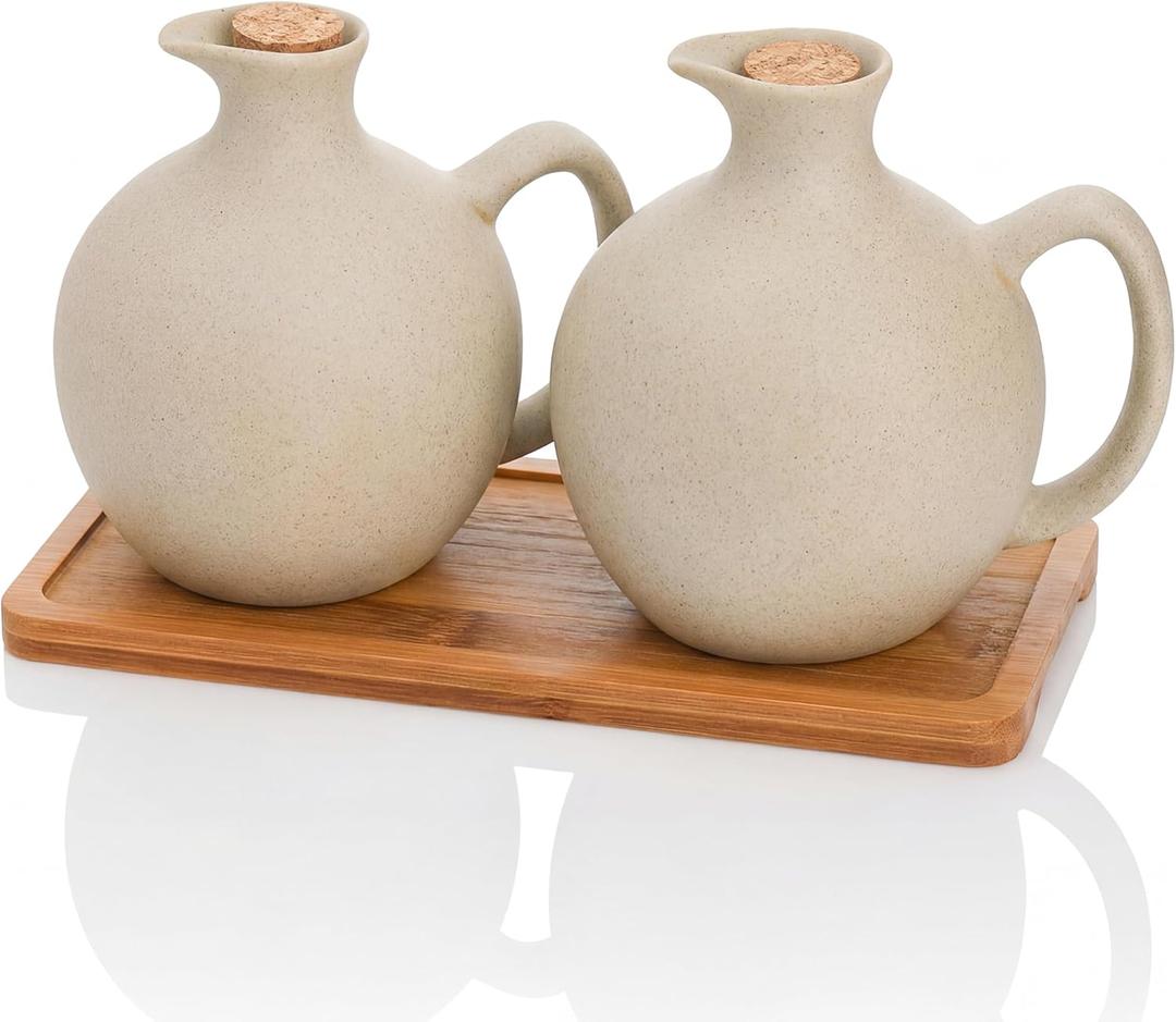 Elsjoy Set of 2 Ceramic Oil Vinegar Dispenser with Cork and Tray, 15 Oz Tabletop Oil Bottles Soy Sauce Jar, Decorative Olive Oil Stoneware Holder Vinegar Container for Kitchen